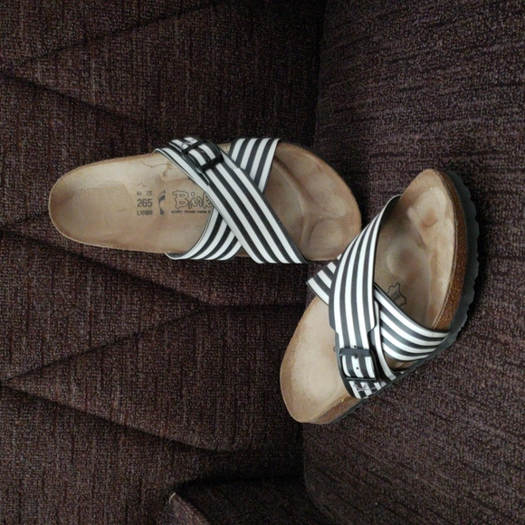 Birkenstock Black and White Striped Sandals - Picture 1 of 5
